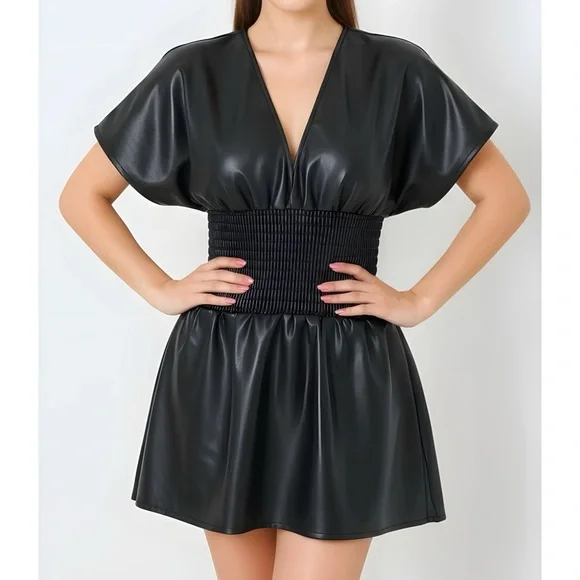 MISA LOS ANGELES Mounia Faux Leather Mini Dress, Black, Medium